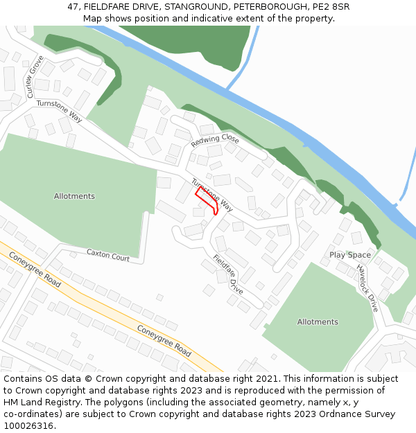 47, FIELDFARE DRIVE, STANGROUND, PETERBOROUGH, PE2 8SR: Location map and indicative extent of plot