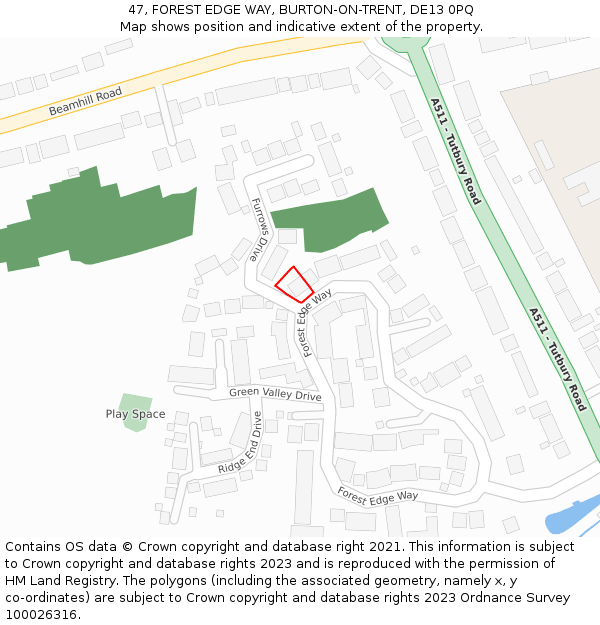 47, FOREST EDGE WAY, BURTON-ON-TRENT, DE13 0PQ: Location map and indicative extent of plot