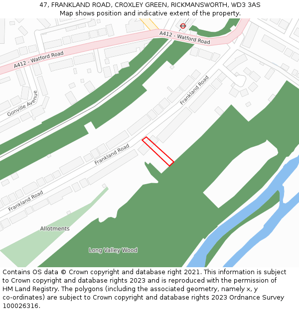 47, FRANKLAND ROAD, CROXLEY GREEN, RICKMANSWORTH, WD3 3AS: Location map and indicative extent of plot