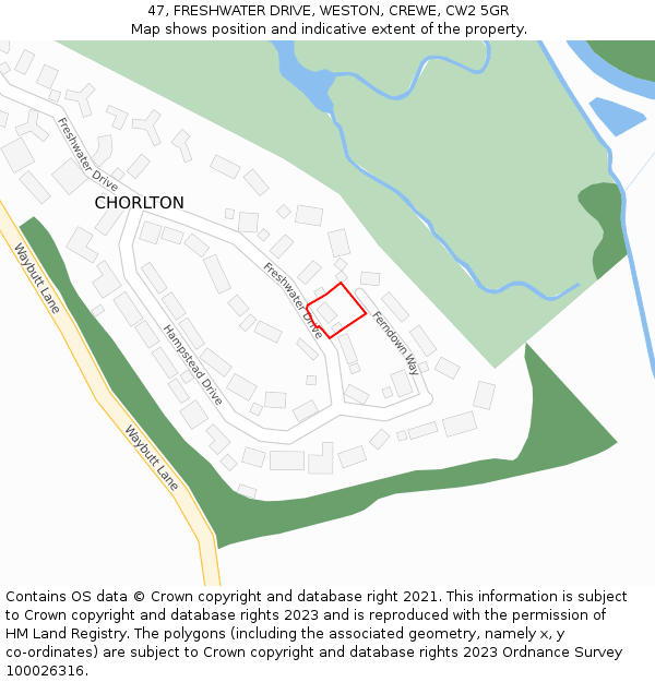 47, FRESHWATER DRIVE, WESTON, CREWE, CW2 5GR: Location map and indicative extent of plot