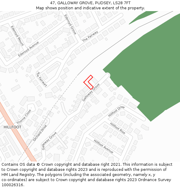 47, GALLOWAY GROVE, PUDSEY, LS28 7FT: Location map and indicative extent of plot