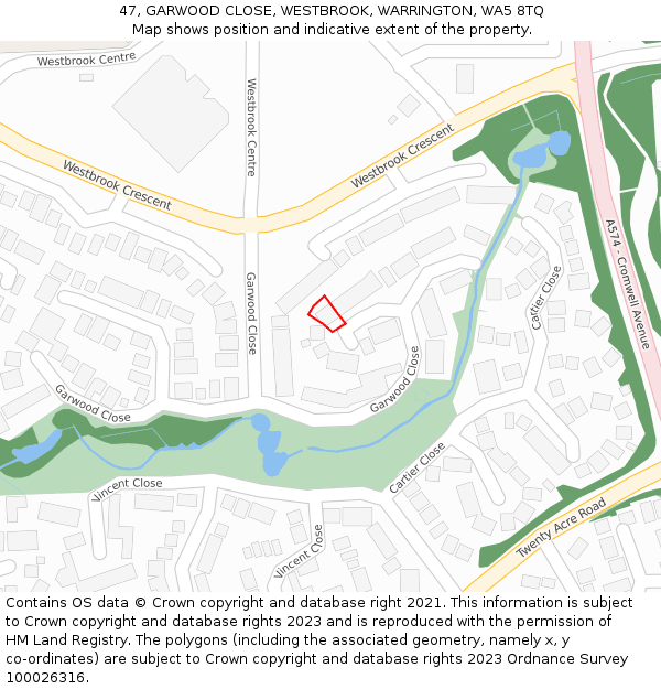 47, GARWOOD CLOSE, WESTBROOK, WARRINGTON, WA5 8TQ: Location map and indicative extent of plot