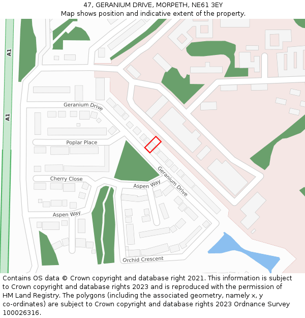 47, GERANIUM DRIVE, MORPETH, NE61 3EY: Location map and indicative extent of plot