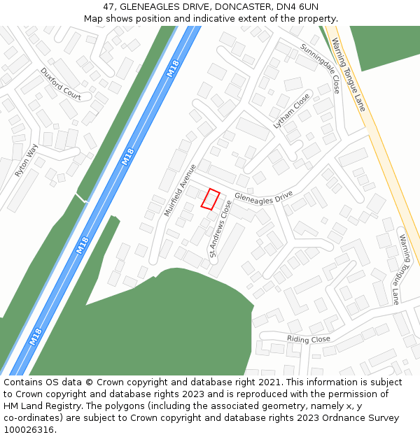 47, GLENEAGLES DRIVE, DONCASTER, DN4 6UN: Location map and indicative extent of plot