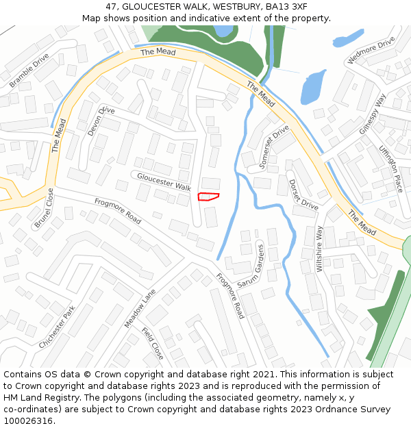 47, GLOUCESTER WALK, WESTBURY, BA13 3XF: Location map and indicative extent of plot