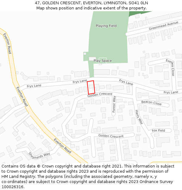 47, GOLDEN CRESCENT, EVERTON, LYMINGTON, SO41 0LN: Location map and indicative extent of plot