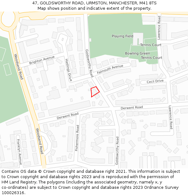 47, GOLDSWORTHY ROAD, URMSTON, MANCHESTER, M41 8TS: Location map and indicative extent of plot