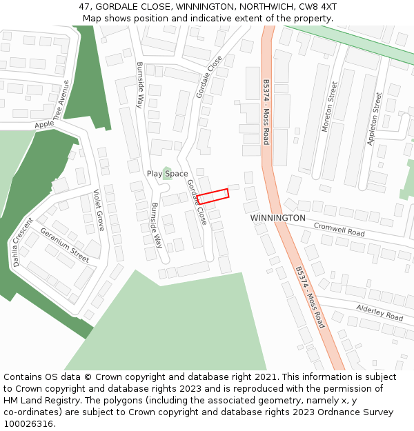 47, GORDALE CLOSE, WINNINGTON, NORTHWICH, CW8 4XT: Location map and indicative extent of plot