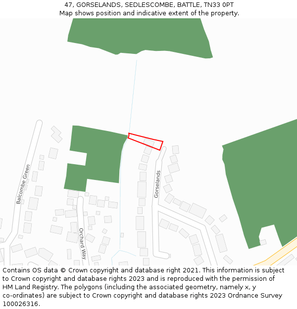 47, GORSELANDS, SEDLESCOMBE, BATTLE, TN33 0PT: Location map and indicative extent of plot