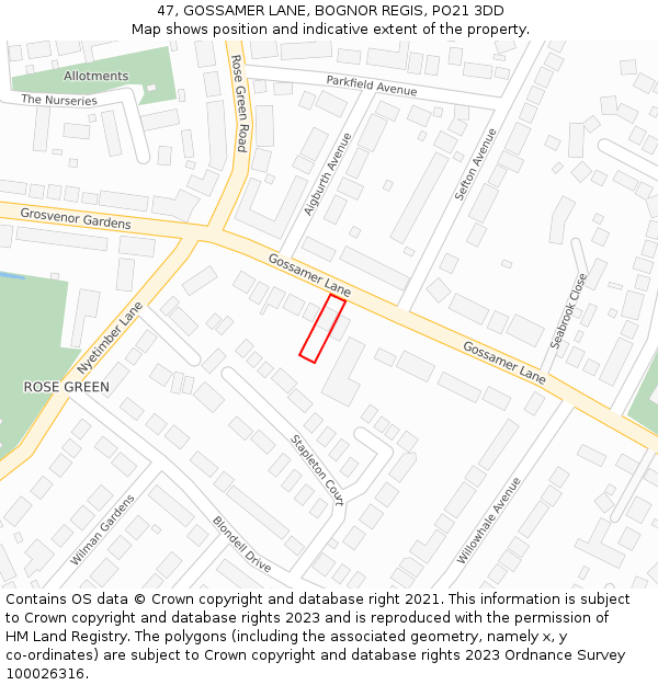 47, GOSSAMER LANE, BOGNOR REGIS, PO21 3DD: Location map and indicative extent of plot