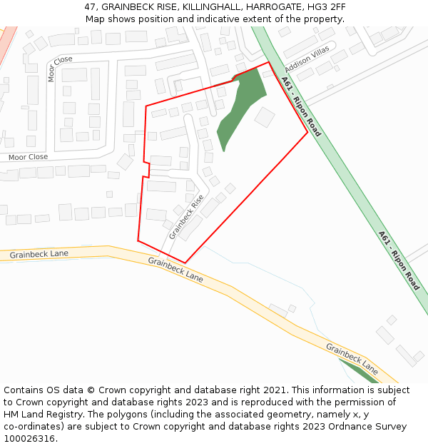 47, GRAINBECK RISE, KILLINGHALL, HARROGATE, HG3 2FF: Location map and indicative extent of plot