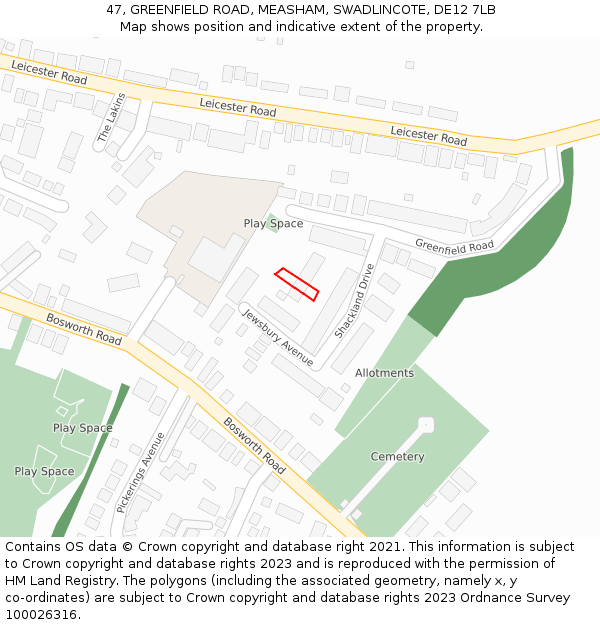 47, GREENFIELD ROAD, MEASHAM, SWADLINCOTE, DE12 7LB: Location map and indicative extent of plot