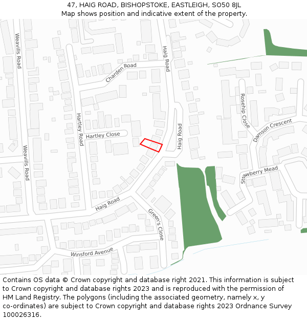 47, HAIG ROAD, BISHOPSTOKE, EASTLEIGH, SO50 8JL: Location map and indicative extent of plot