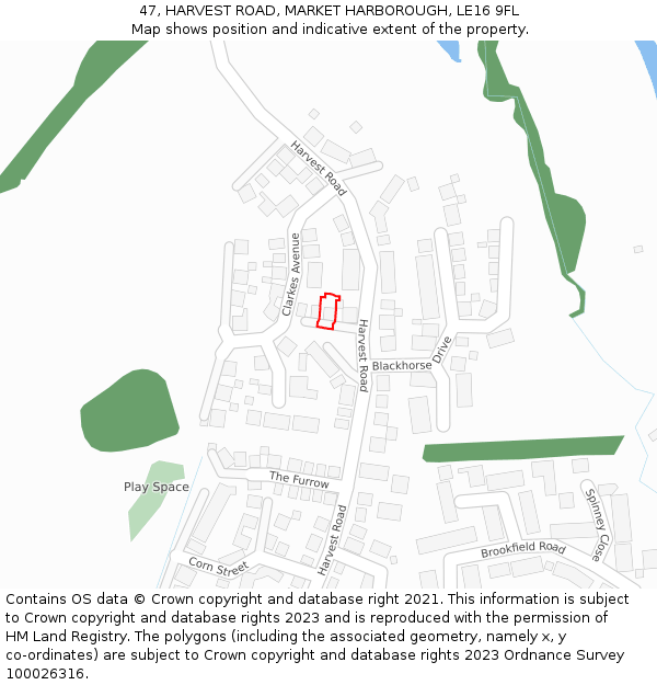 47, HARVEST ROAD, MARKET HARBOROUGH, LE16 9FL: Location map and indicative extent of plot