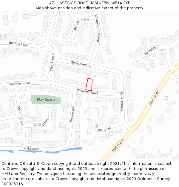 47, HASTINGS ROAD, MALVERN, WR14 2XE: Location map and indicative extent of plot