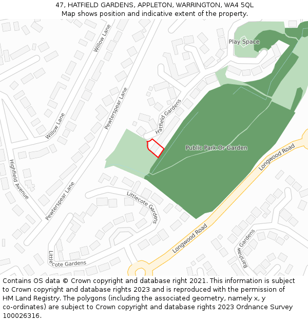 47, HATFIELD GARDENS, APPLETON, WARRINGTON, WA4 5QL: Location map and indicative extent of plot