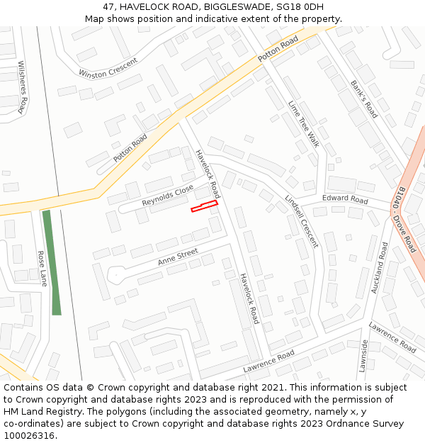 47, HAVELOCK ROAD, BIGGLESWADE, SG18 0DH: Location map and indicative extent of plot