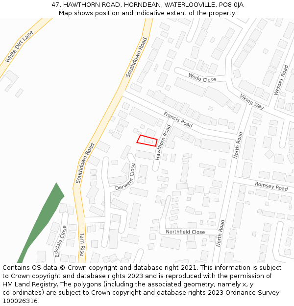 47, HAWTHORN ROAD, HORNDEAN, WATERLOOVILLE, PO8 0JA: Location map and indicative extent of plot