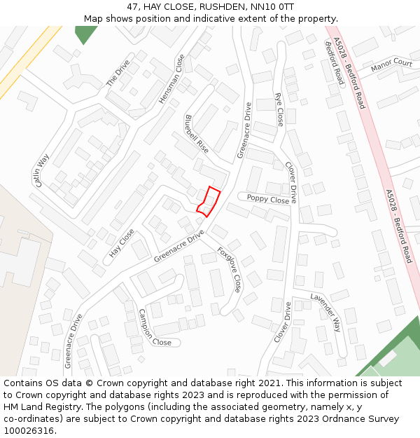 47, HAY CLOSE, RUSHDEN, NN10 0TT: Location map and indicative extent of plot