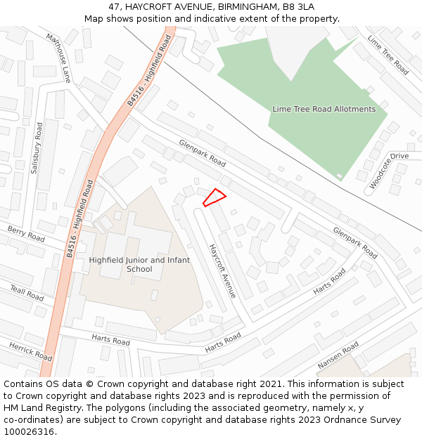 47, HAYCROFT AVENUE, BIRMINGHAM, B8 3LA: Location map and indicative extent of plot