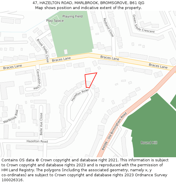 47, HAZELTON ROAD, MARLBROOK, BROMSGROVE, B61 0JG: Location map and indicative extent of plot