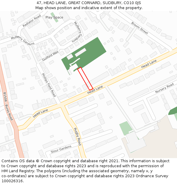 47, HEAD LANE, GREAT CORNARD, SUDBURY, CO10 0JS: Location map and indicative extent of plot