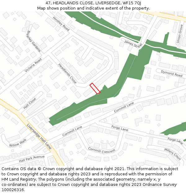 47, HEADLANDS CLOSE, LIVERSEDGE, WF15 7QJ: Location map and indicative extent of plot