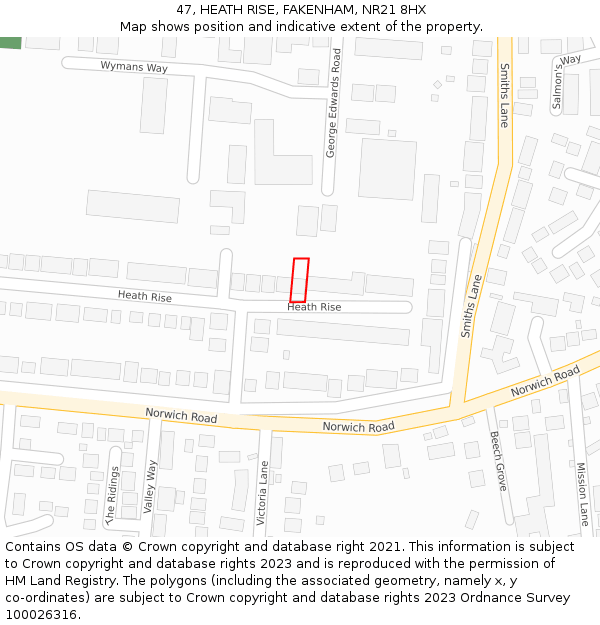 47, HEATH RISE, FAKENHAM, NR21 8HX: Location map and indicative extent of plot