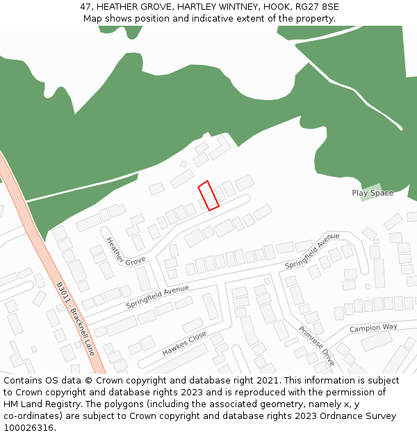 47, HEATHER GROVE, HARTLEY WINTNEY, HOOK, RG27 8SE: Location map and indicative extent of plot