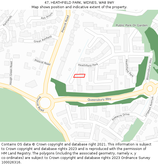 47, HEATHFIELD PARK, WIDNES, WA8 9WY: Location map and indicative extent of plot