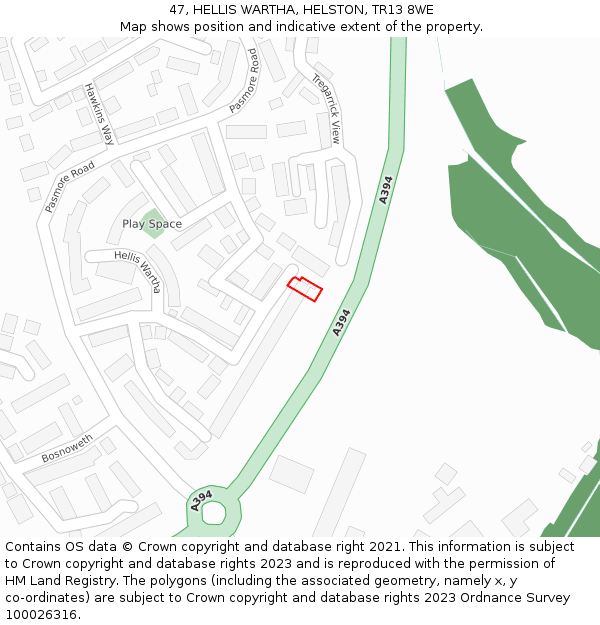 47, HELLIS WARTHA, HELSTON, TR13 8WE: Location map and indicative extent of plot