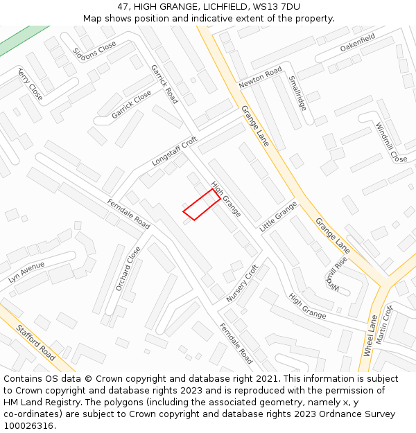 47, HIGH GRANGE, LICHFIELD, WS13 7DU: Location map and indicative extent of plot