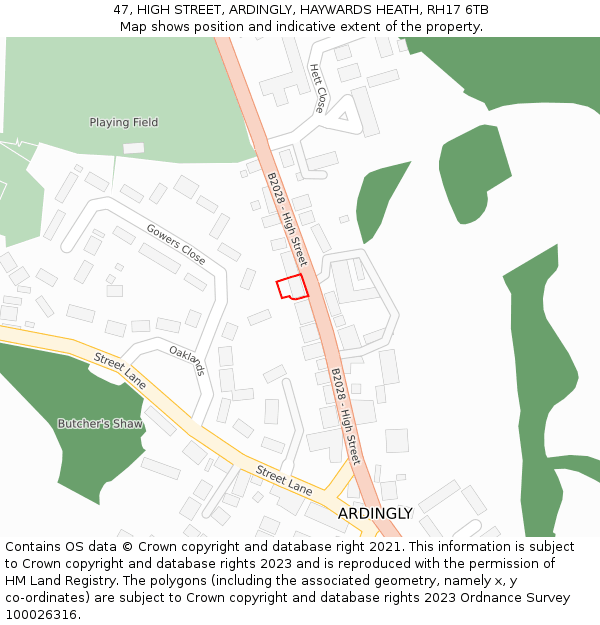 47, HIGH STREET, ARDINGLY, HAYWARDS HEATH, RH17 6TB: Location map and indicative extent of plot