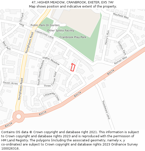 47, HIGHER MEADOW, CRANBROOK, EXETER, EX5 7AY: Location map and indicative extent of plot