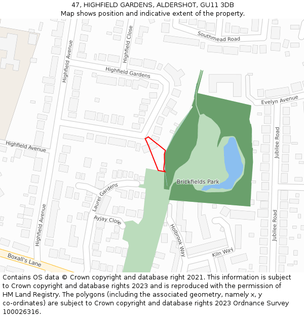 47, HIGHFIELD GARDENS, ALDERSHOT, GU11 3DB: Location map and indicative extent of plot