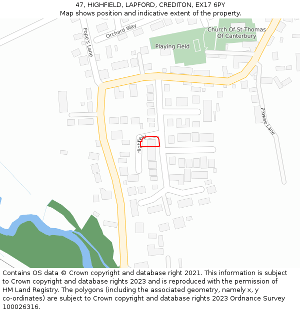 47, HIGHFIELD, LAPFORD, CREDITON, EX17 6PY: Location map and indicative extent of plot