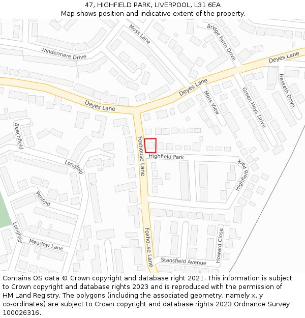 47, HIGHFIELD PARK, LIVERPOOL, L31 6EA: Location map and indicative extent of plot