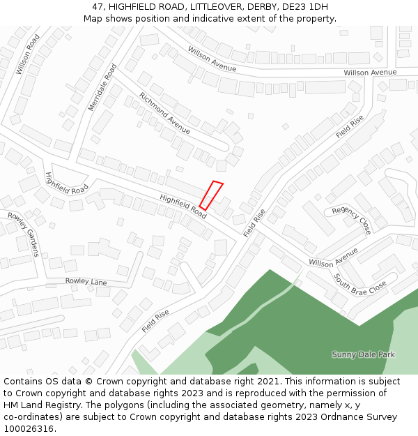 47, HIGHFIELD ROAD, LITTLEOVER, DERBY, DE23 1DH: Location map and indicative extent of plot