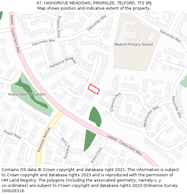 47, HIGHGROVE MEADOWS, PRIORSLEE, TELFORD, TF2 9RJ: Location map and indicative extent of plot