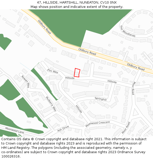 47, HILLSIDE, HARTSHILL, NUNEATON, CV10 0NX: Location map and indicative extent of plot