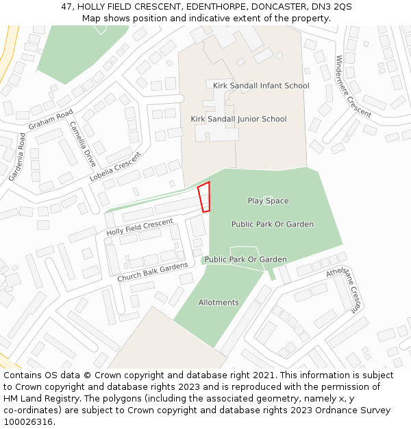 47, HOLLY FIELD CRESCENT, EDENTHORPE, DONCASTER, DN3 2QS: Location map and indicative extent of plot