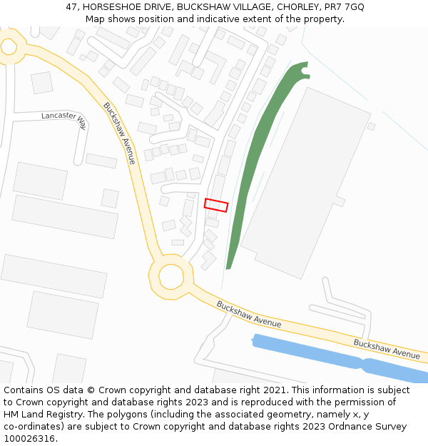 47, HORSESHOE DRIVE, BUCKSHAW VILLAGE, CHORLEY, PR7 7GQ: Location map and indicative extent of plot