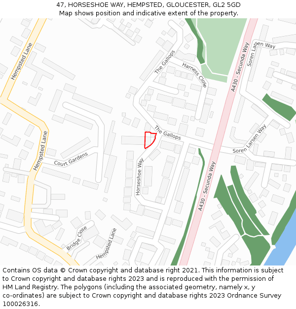 47, HORSESHOE WAY, HEMPSTED, GLOUCESTER, GL2 5GD: Location map and indicative extent of plot