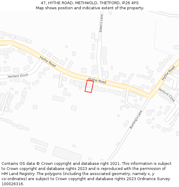 47, HYTHE ROAD, METHWOLD, THETFORD, IP26 4PS: Location map and indicative extent of plot