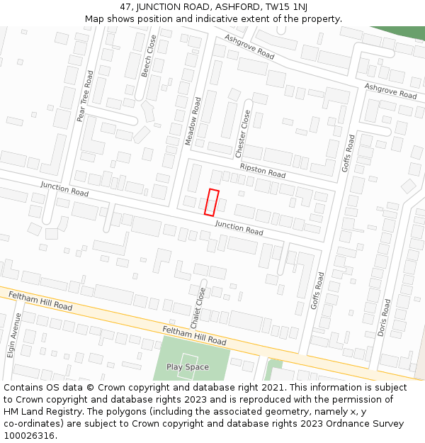 47, JUNCTION ROAD, ASHFORD, TW15 1NJ: Location map and indicative extent of plot