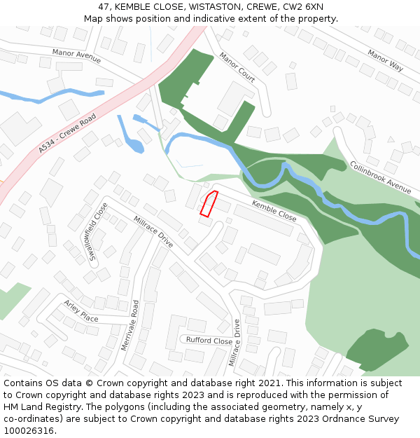 47, KEMBLE CLOSE, WISTASTON, CREWE, CW2 6XN: Location map and indicative extent of plot