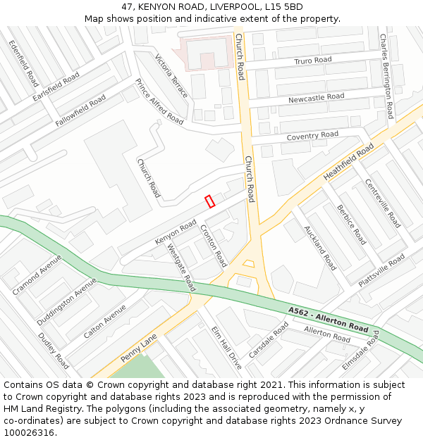 47, KENYON ROAD, LIVERPOOL, L15 5BD: Location map and indicative extent of plot