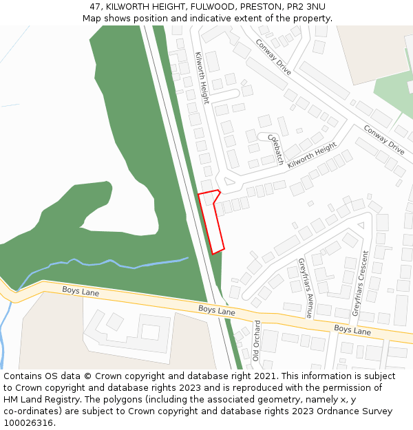 47, KILWORTH HEIGHT, FULWOOD, PRESTON, PR2 3NU: Location map and indicative extent of plot