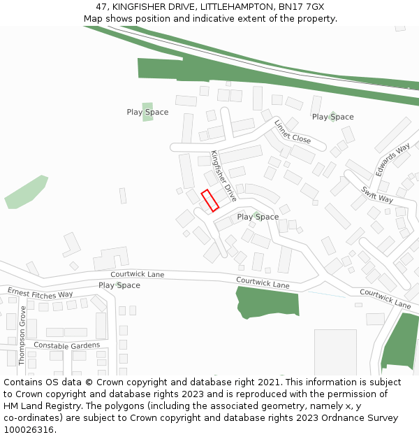 47, KINGFISHER DRIVE, LITTLEHAMPTON, BN17 7GX: Location map and indicative extent of plot