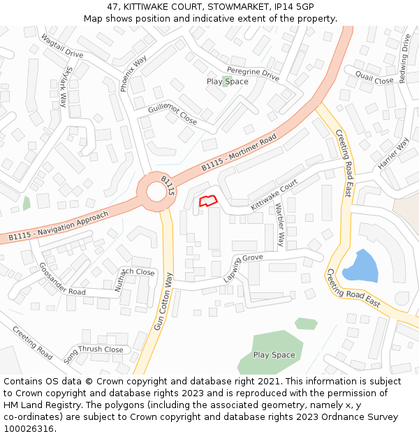 47, KITTIWAKE COURT, STOWMARKET, IP14 5GP: Location map and indicative extent of plot